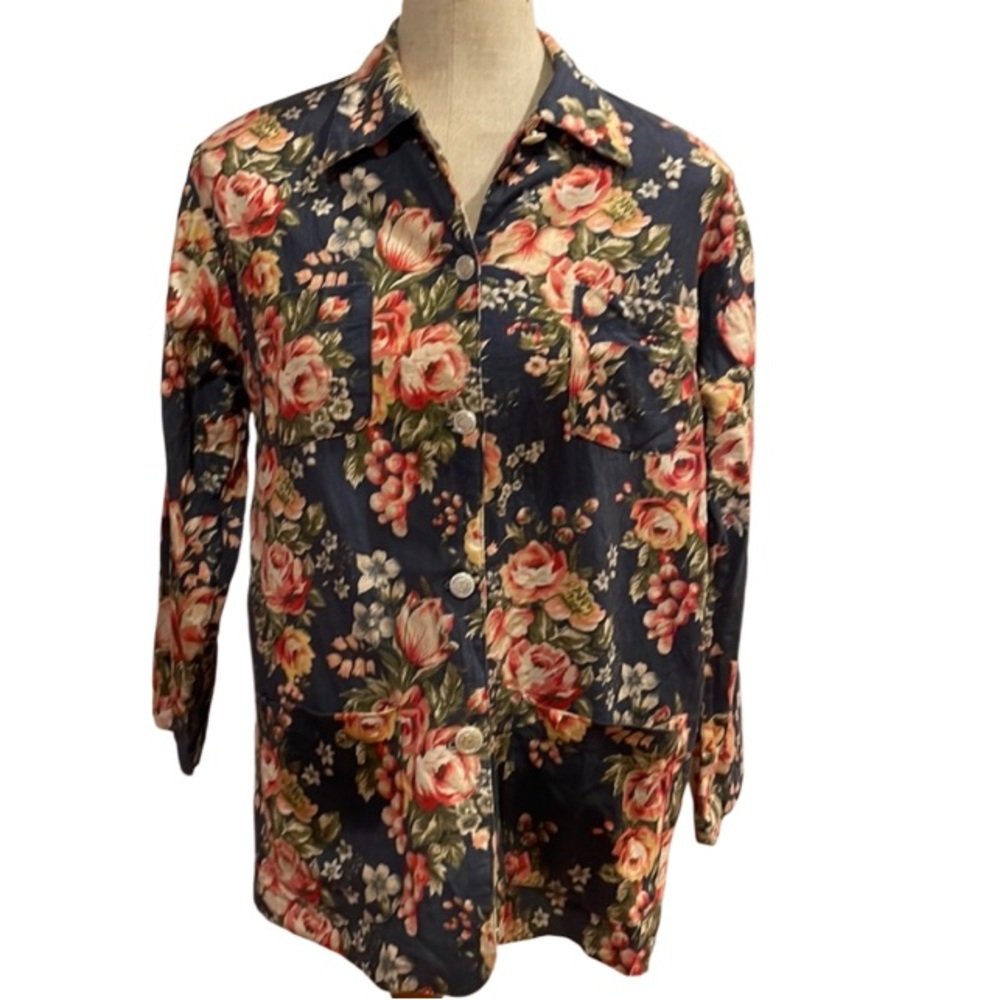 Vtg 90s River art floral jacket women’s sz petite small blue cotton linen blazer